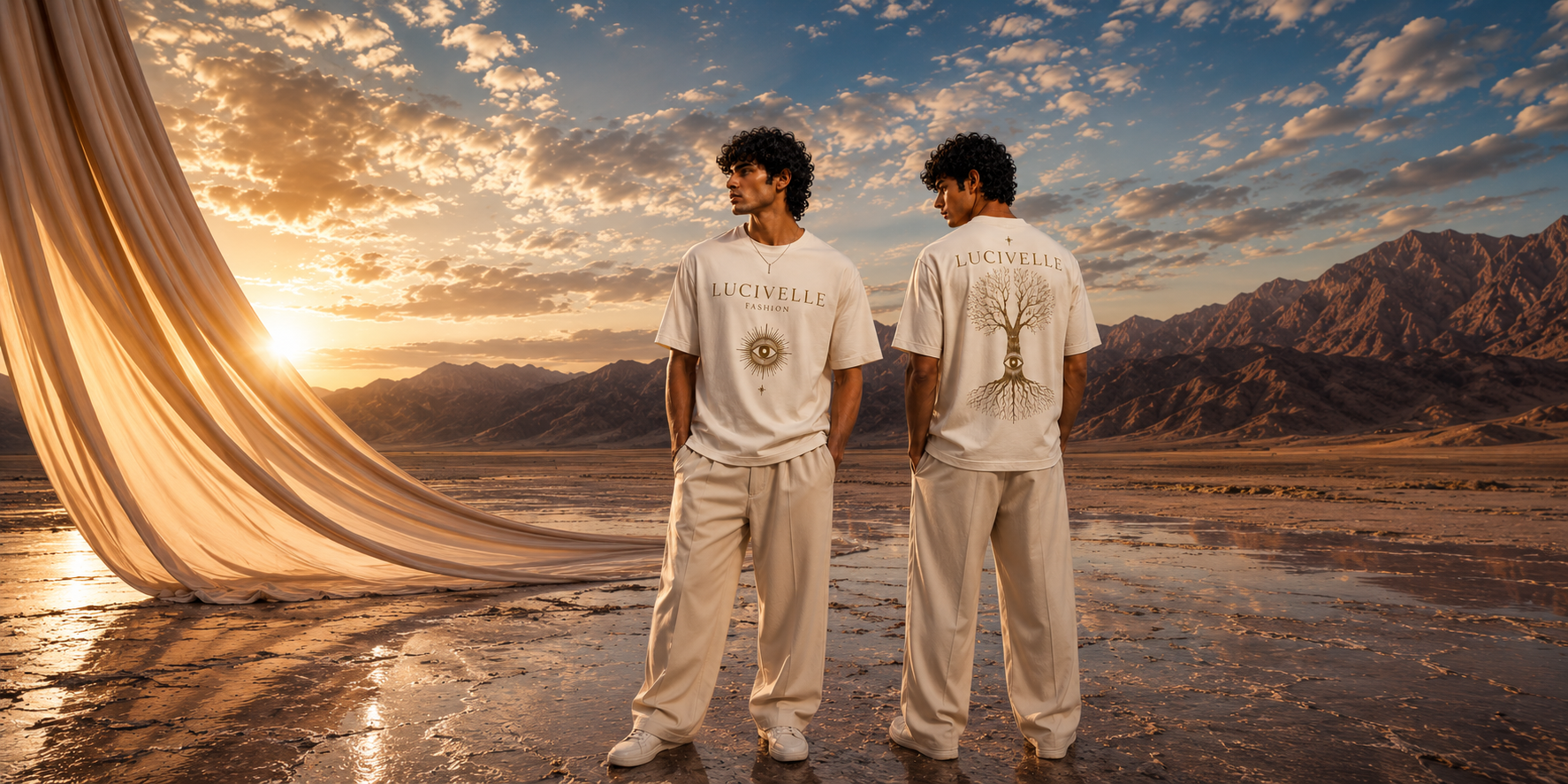 Two models wearing cream Lucivelle Fashion oversized tees with eye and tree-of-life prints in a desert at sunset
